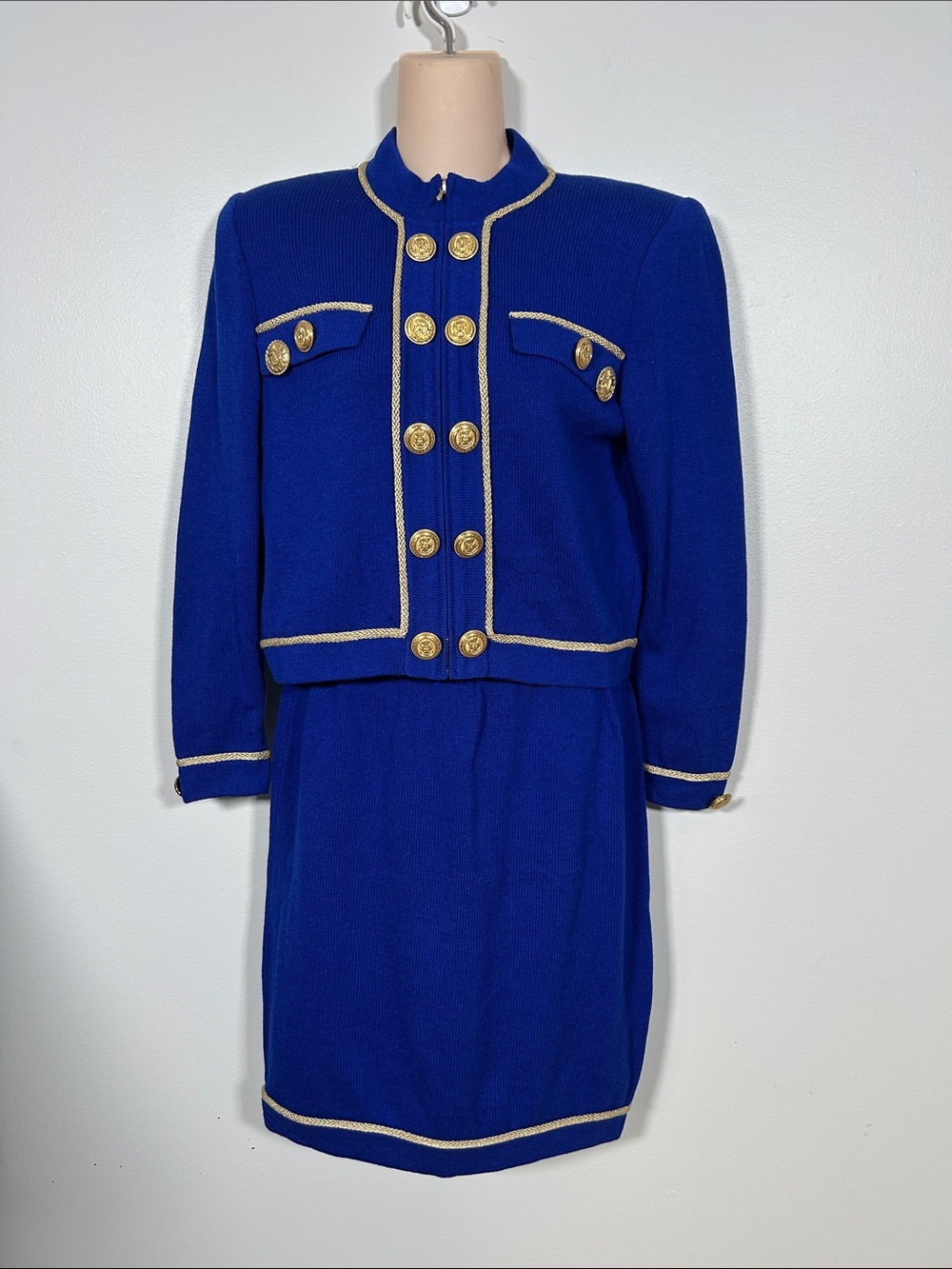 St John Collection Blue Santana Knit Naval Military Style Skirt Set Sz 6/S